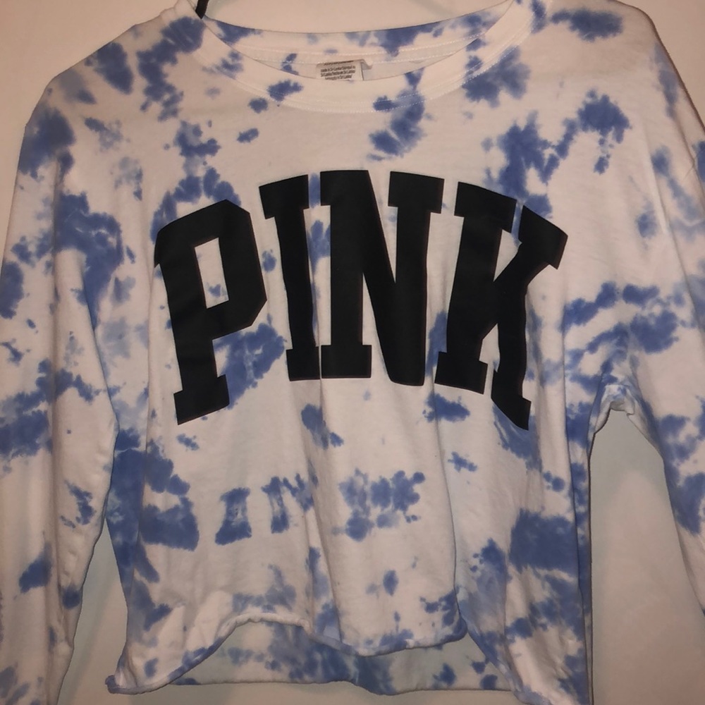 long sleeve, blue tie-dye shirt.